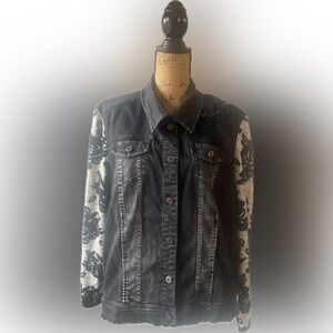 John Mark Black Denim Jacket with Patterned Knit Sleeves size XL